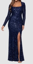 XSCAPE Women's Blue High-Slit Square-Neck Sequined Evening Gown Dress Size 14