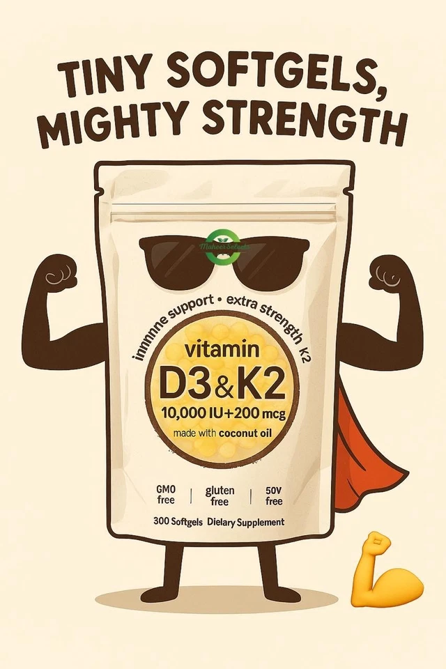 Vitamina D3 10000 iu Plus K2 (MK-7) 200 mcg, 300 cápsulas blandas de aceite de coco virgen Foto 2 de 4