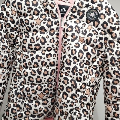 Converse Girls All Over Leopard Animal Print Hooded Puffer Jacket