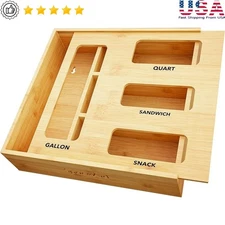Bamboo Food Storage Bag Organizer W/ 21 Labels 4 Slot Drawer Storage Solution US