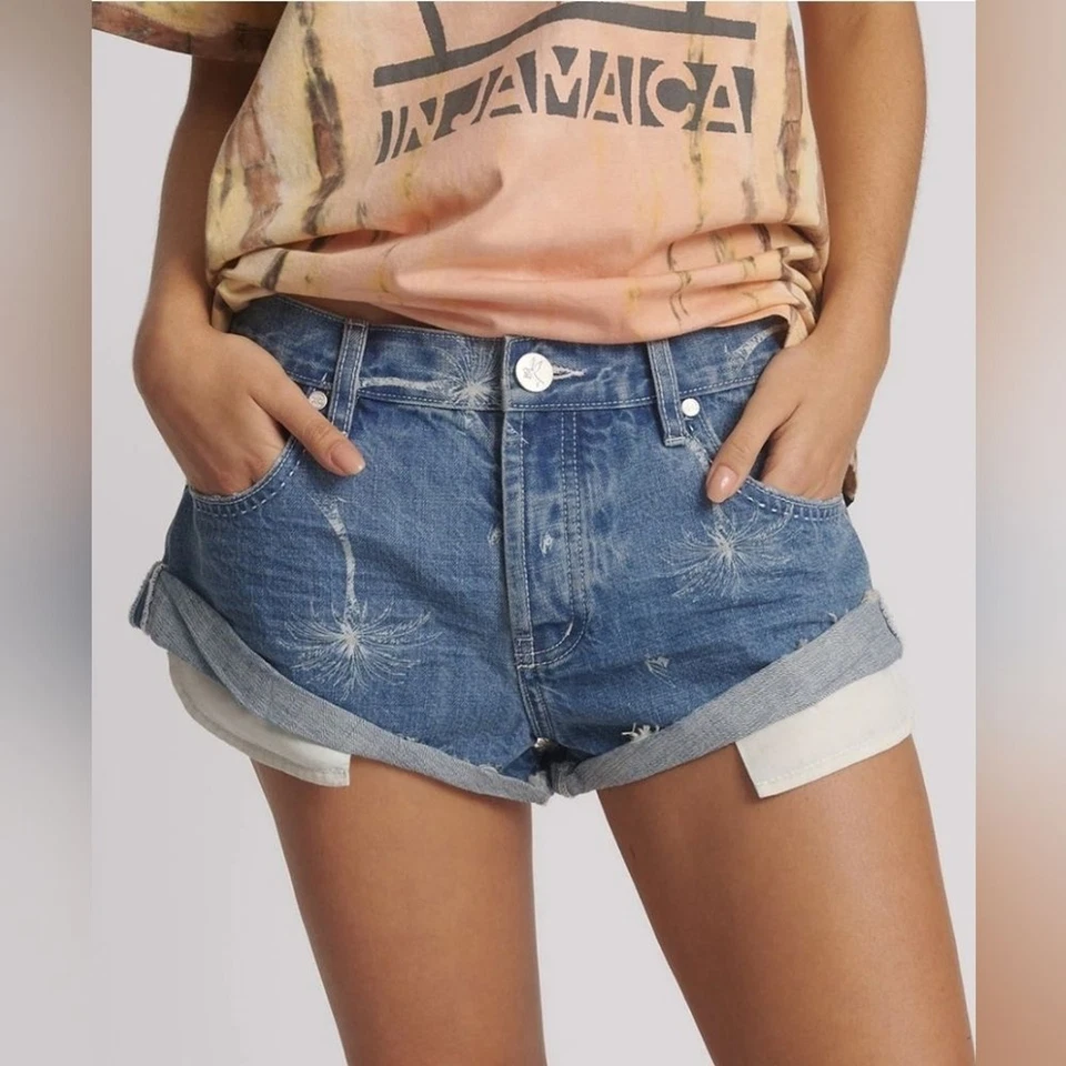 One Teaspoon Bandits Low Waist Denim Shorts Malibu Blue Size 28 Palm Trees Short - Image 3 of 4