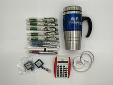 Vintage Eli Lilly Pharmaceutical Give Aways Lot - 9 pens, coffee mug, Calculator