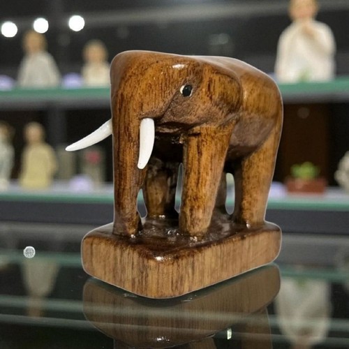 Vtg Miniature Wooden Elephant Statue Hand Carved Trinket Tusks Brown Wood Grain - Picture 1 of 12