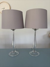 Pair Of Glass Bedside Lamps With Grey/blue Lampshade, ~60cm Tall