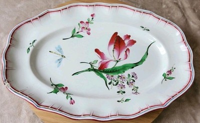 Antique Large Flat Oval faience de Lunéville Pattern Tulip + Dragonfly Not