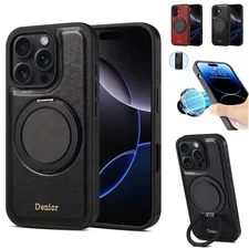 For iPhone 15+/16/17 Pro Max Leather+PC Mag Safe Case Magnetic Wireless Charging