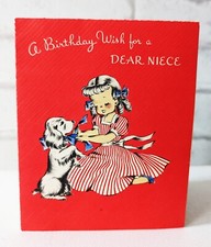 ADORABLE!! Vtg Birthday 1940's Niece Puppy Dog Little Girl Greeting Card (EB3771