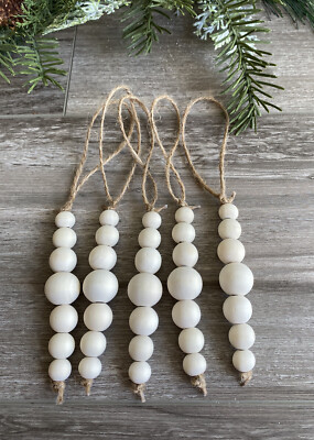 Handmade Set of Natural Wood Bead Christmas Ornaments