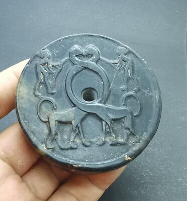 Circle Donut Ancient God black natural Jade stone Amulet pendant,necklace ZB