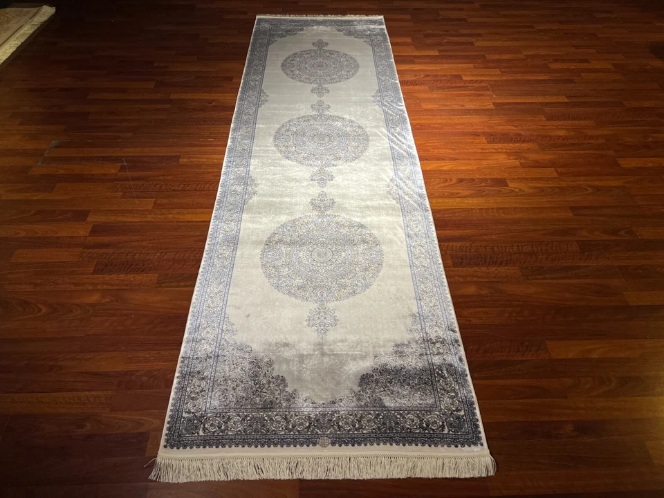 3x10 ft Gray Beige Turkish Silk Runner Rug – Natural Oriental Entryway Rug - Image 2 of 4