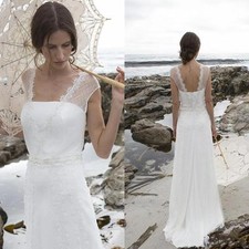 Sheath Sheer Neck Cap Sleeves Bridal Gowns Beach Chiffon Lace Wedding Dress 2019