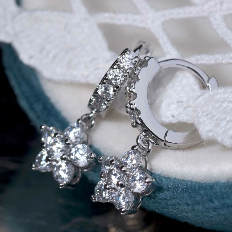 SMALL 18k white gold made with Swarovski crystal flower huggies dangle earrings - Image 3 of 4