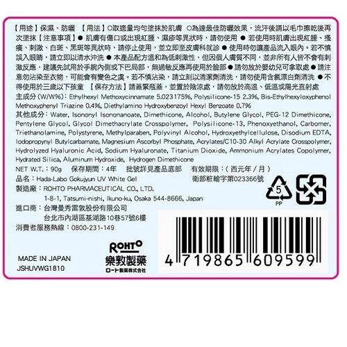 White gel UV SPF50 PA++++ ROHTO Hada Labo Gokujyun 90g tube with black barcode and Japanese text on pink plastic wrapper.