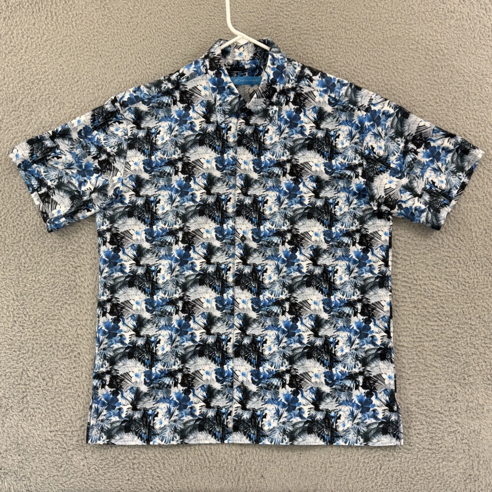 Justin Harvey Shirt Mens Medium Blue Hawaiian Short Sleeve Button Preppy Casual