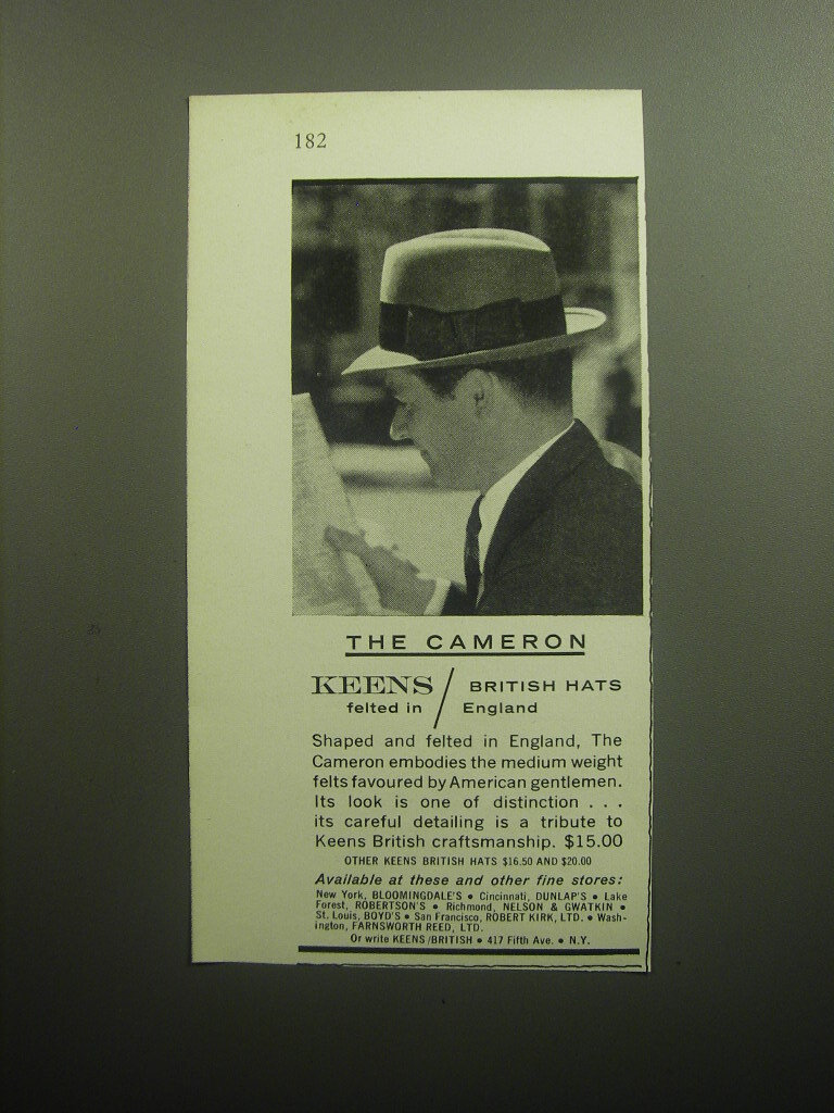 1958 Keens Cameron Cappello Pubblicità
