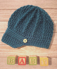handmade crochet baby hat 6/12 months newsboy brim blue wave USA new