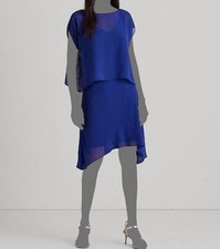 $145 Lauren Ralph Lauren Women's Blue Boat-Neck Asymmetric A-Line Dress Size 10