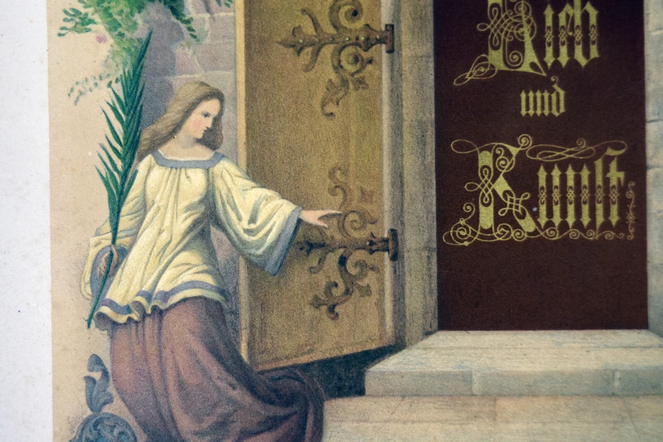 Estampa litho alemã antiga detalhes em tom dourado anjos por amor e arte Goethe - Imagem 4 de 4