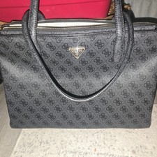 GUESS Logo Print Satchel Top Handle Bag Black Zip w/ Coin Purse Gold Hardware