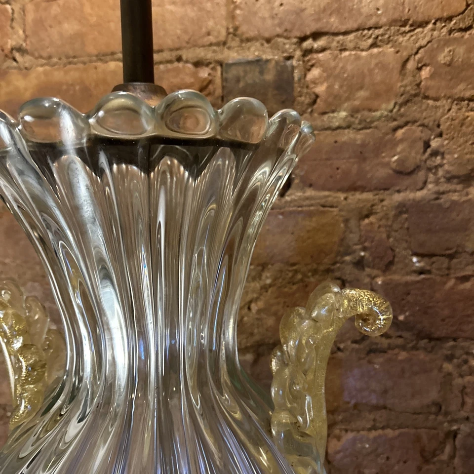 MURANO Ribbed  GLASS Lamp w/ Gold Flakes Applied Decorative Handles Italy - Image 4 of 4