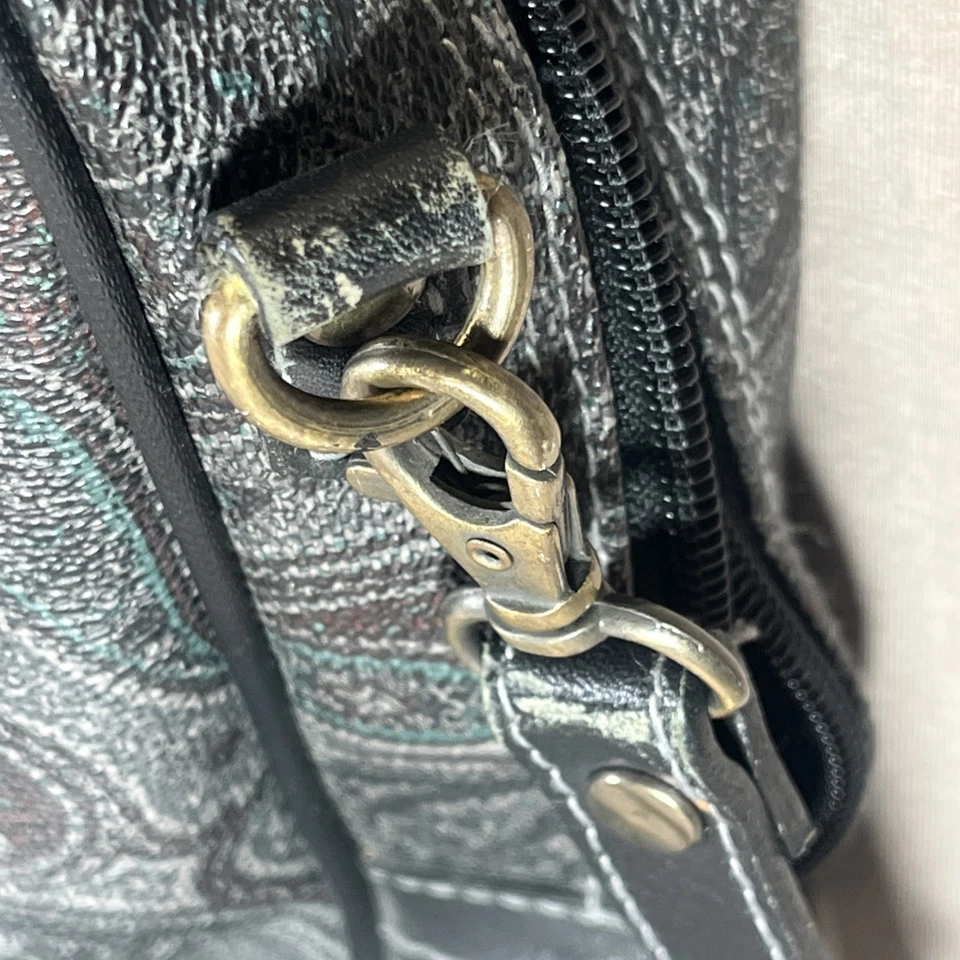 Maletín vintage 1990 Liz Claiborne patrón cachemir negro ribete de cuero 3" ancho Foto 4 de 4