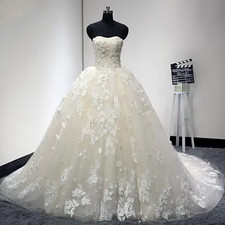 Strapless Ball Gown Wedding Dresses 3D Flowers Gorgeous Chapel Train Corset Back