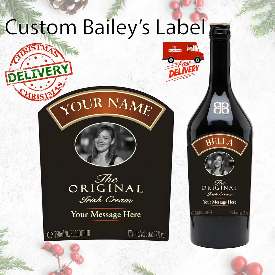 VINYL WOODWORM Personalised Baileys Irish cream photo bottle label any name/Occasion Custom