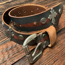 Bill Adler  Men's Genuine Leather Belt Black/Red Color Sz.34 Coins & Cross Accen