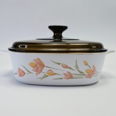 Vintage Corning Ware Peach Floral 2 Liter Casserole A-2-B w/ Amber Pyrex Lid