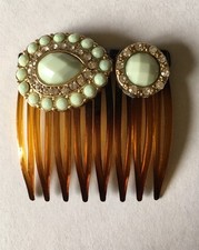 Handmade MINT GREEN  CLEAR STONES, JEWELED, BROWN STATEMENT HAIR COMB