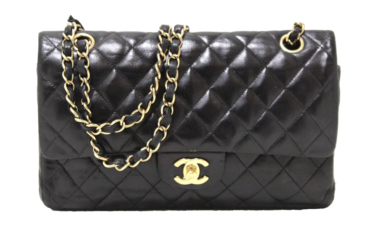 USED Chanel Quilted Black Lambskin Leather Classic Medium Flap Bag AUTHENTIC