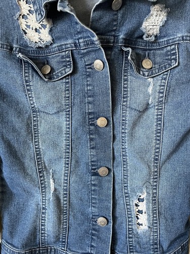 Justice Blue Collared Button Up Long Sleeve Distressed Girls Denim Jacket Size 8 - Picture 2 of 4
