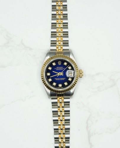 Ladies Steel & Gold Rolex Datejust 26mm 69173 Custom Blue Vignette Diamond Dial - Picture 2 of 6