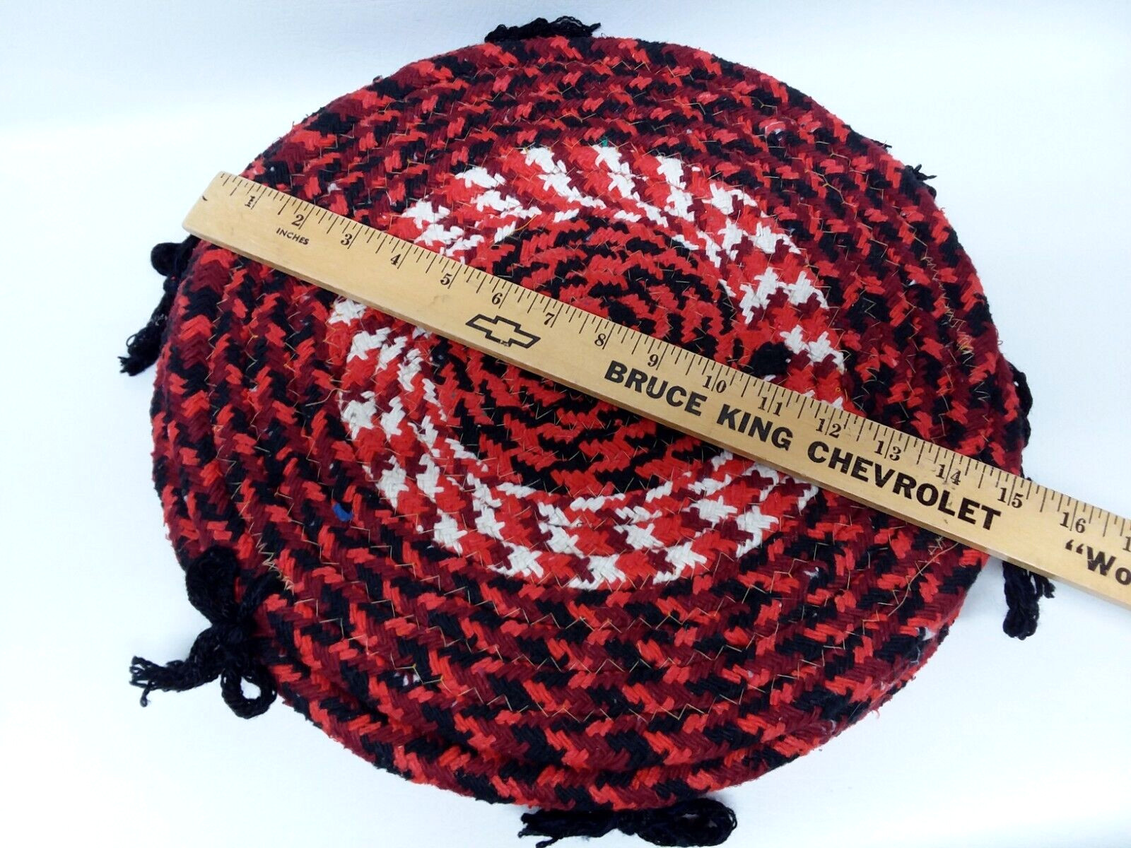 Vintage Braided Woven Chair Pad 4 pc. set 15" Round Red Black White Farmhouse