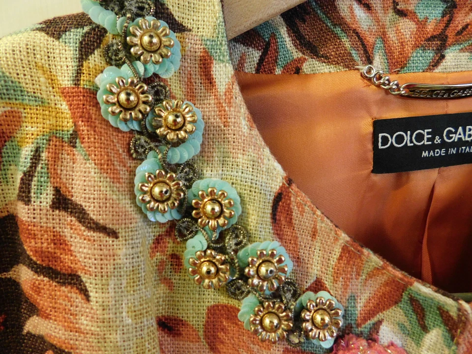 Dolce & Gabbana Floral Print Embellished Beads Sequin Linen Jacket Brown Teal 10 - Image 3 of 4