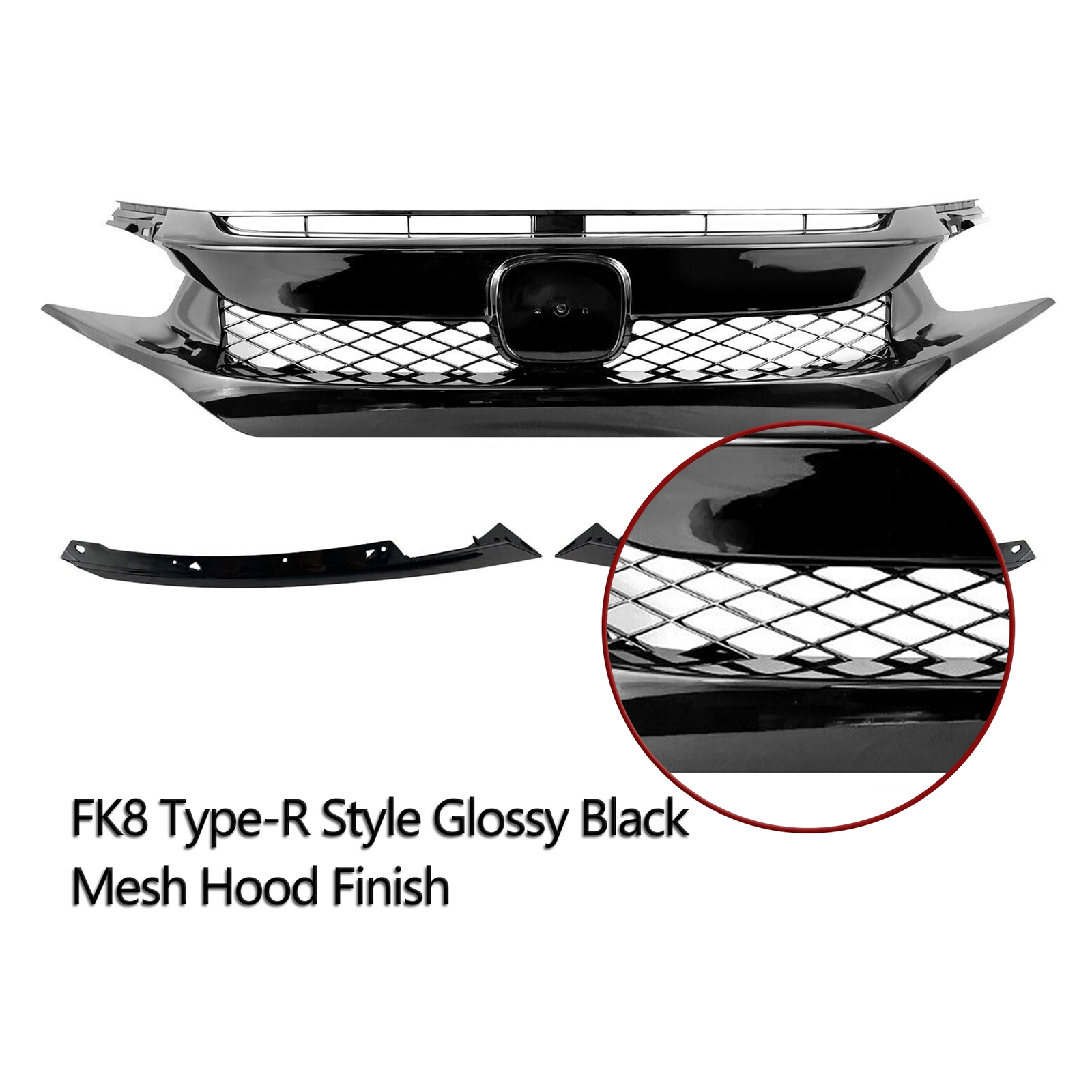 Glossy Black RS/Si Style Front Grille + Hood Bumper Trim Cover For 2016-2019 Honda Civic