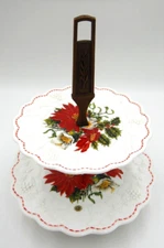 VTG MCM Westmoreland 2 Tier Milk Glass Poinsettia Tidbit Tray, Faux Wood Cntr