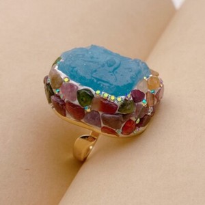 Authentic Natural Blue Aquamarine Rough Tourmaline Gold Plated Handmade Unique Ring