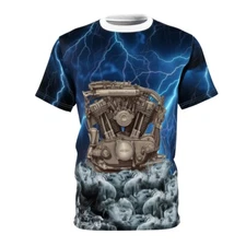 Vintage Style All Over Print Biker Tee T Shirt Lightning Double Sided Motor Logo