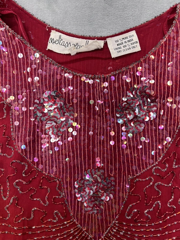 Top Vintage Metamorphosis Lentejuelas Rojo 100% Seda Talla Grande Verdadero Vintage Años 80’s Foto 3 de 4