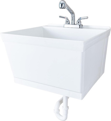 Tehila White Wall-Mounted Utility Sink Tub Kit with Chrome Finish Pullout Faucet