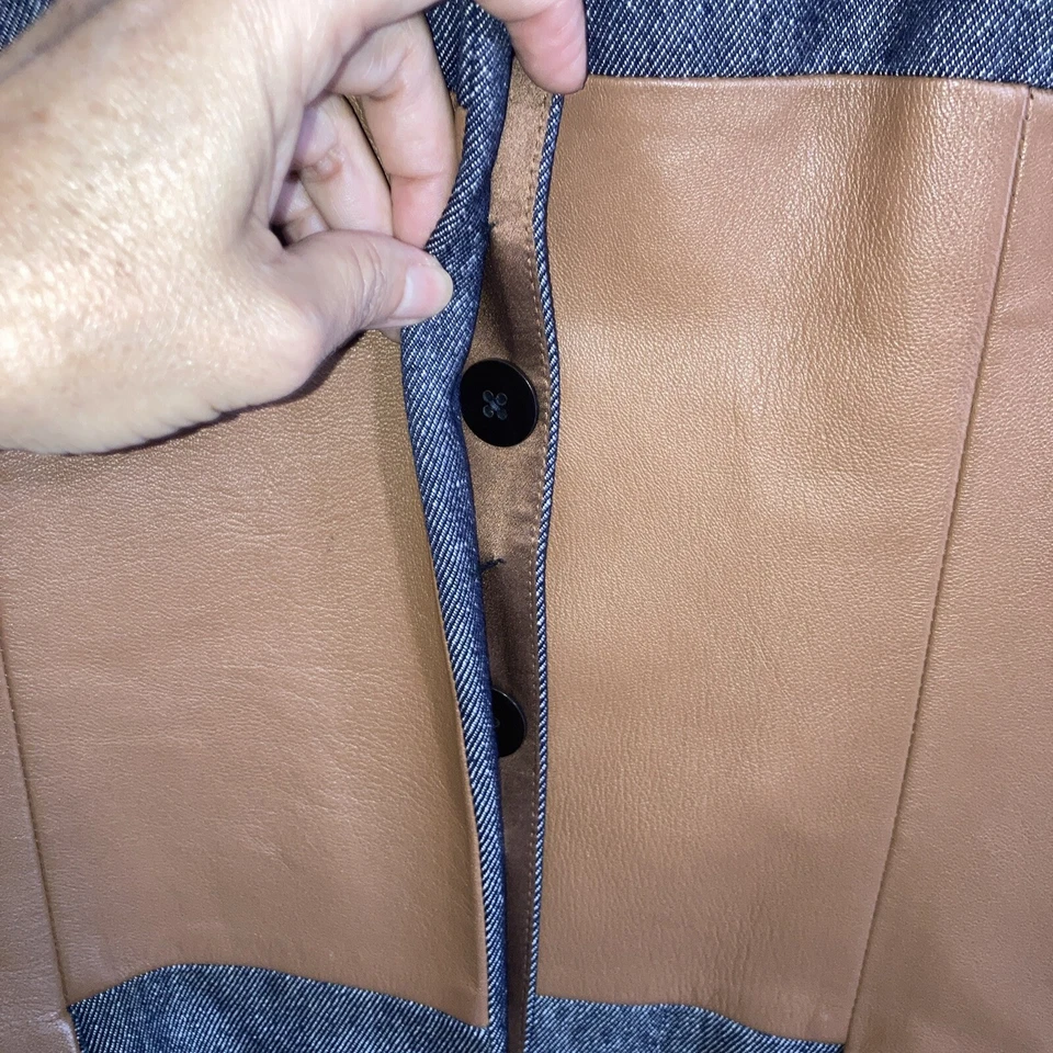 Blazer Douglas Hannant Diseñador Negro Denim Cuero Genuino Seda Lana Mujer Talla 6 Foto 3 de 4