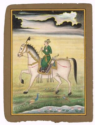 Indian Miniature Painting Of Mughal Emperor Akbar On Horse Old Art 5.5x7.5inches
