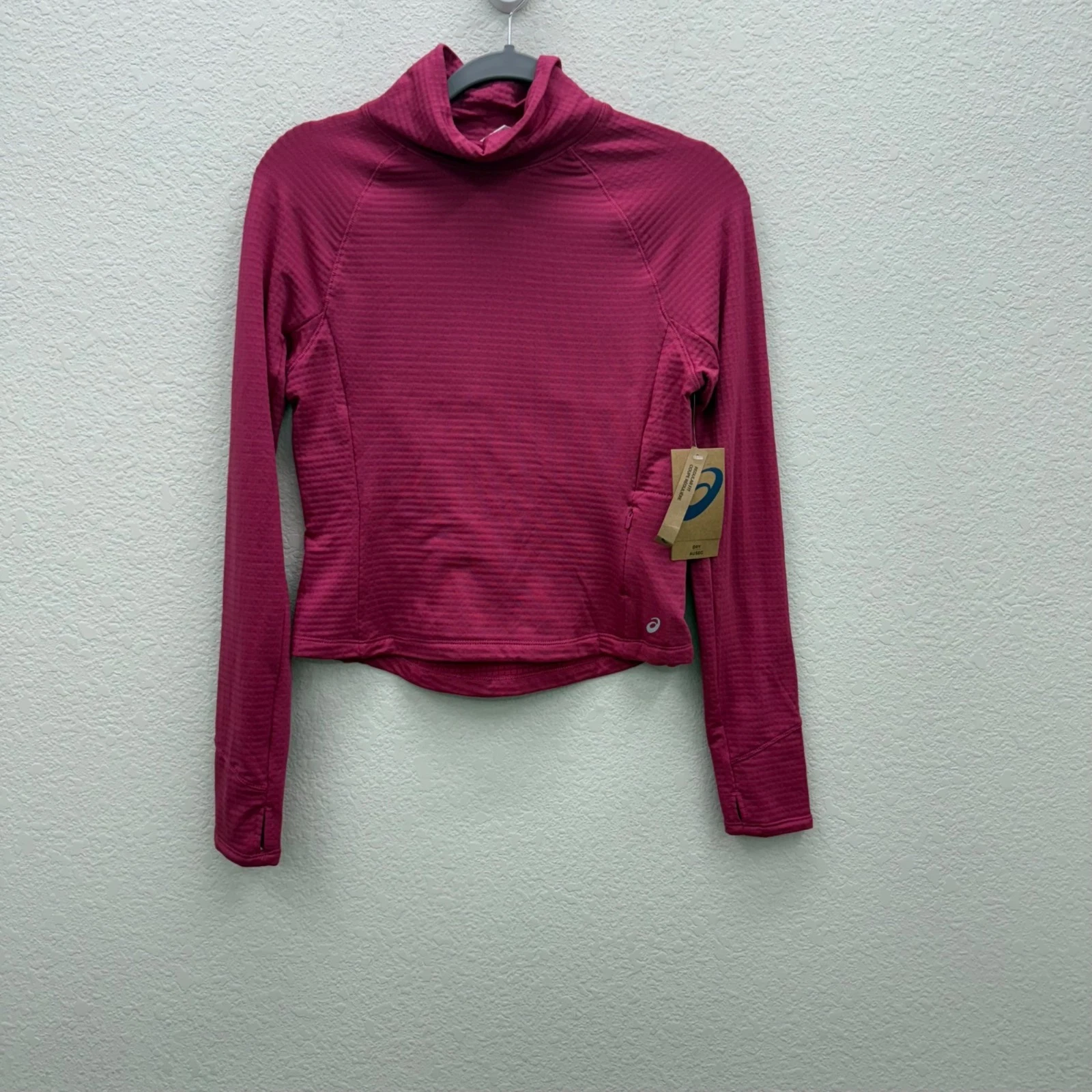 Asics Pink Grid Mock Neck Base Layer Long Sleeve Pullover Shirt Womens Small NEW