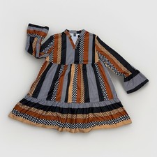 Shein Black Brown Babydoll Dress Sz XL Striped Polka-Dot Long Bell Sleeve V-Neck