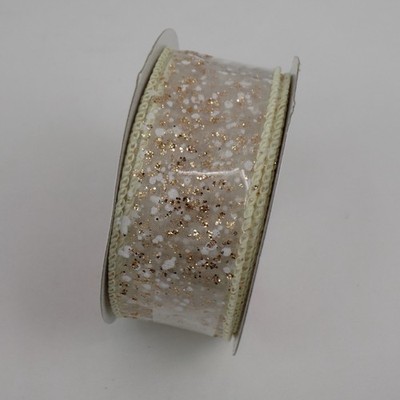 Sheer White Cream Gold Spatter Look Glitter Wired Christmas Ribbon 1.5''x30ft New