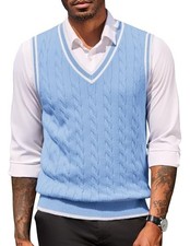 Sweater Vest for Men Regular Fit V Neck Sleeveless Knitted Large Light Blue