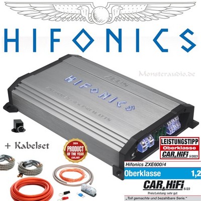 Hifonics Verstärker + OFC-Kabelset ZXE600/4 4-Kanal 600 Watt RMS Auto Endstufe