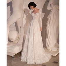 Sweetheart Neck LongCap Sleeve Back Button Full Lace A Line Wedding Dress Bridal