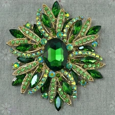 Vintage Style Elegant Flower Rhinestone Crystal Gold-Tone Large Brooch Pin green